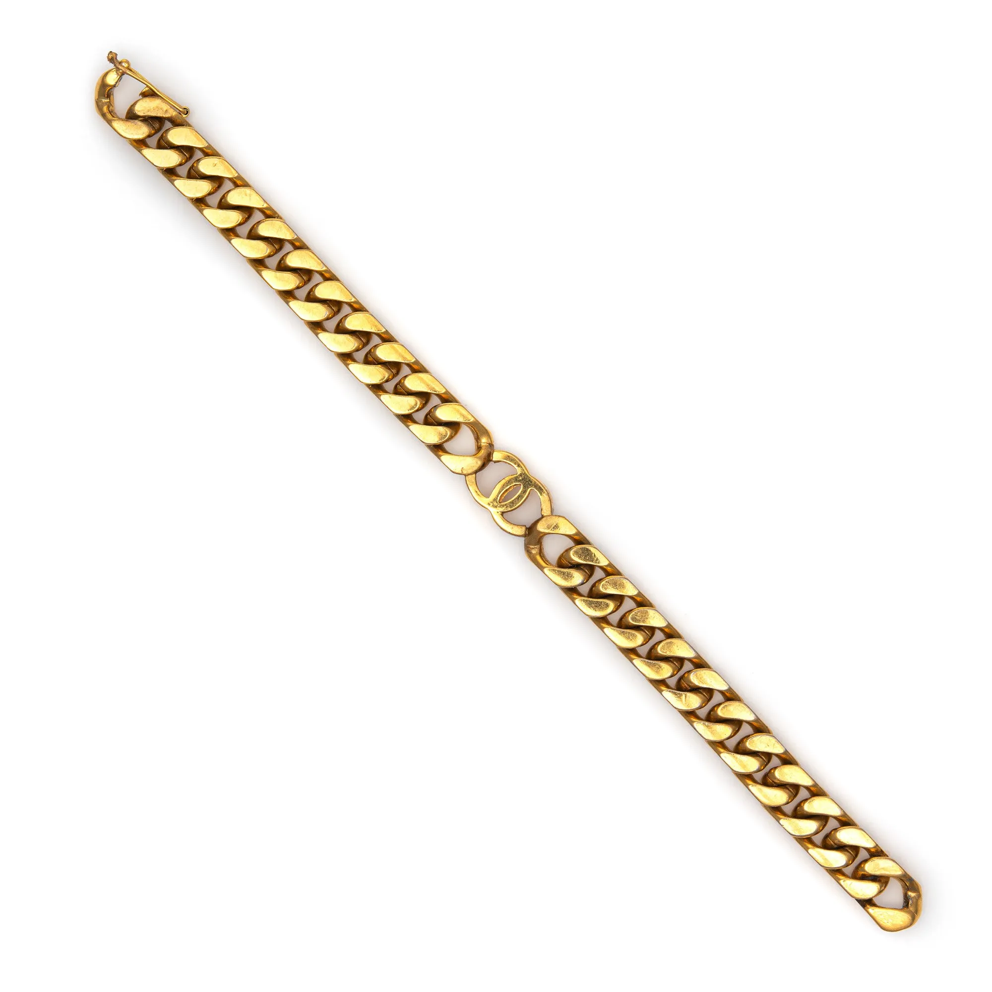 Vintage 80s Chanel Bracelet Curb Link CC Logo Yellow Gold Tone