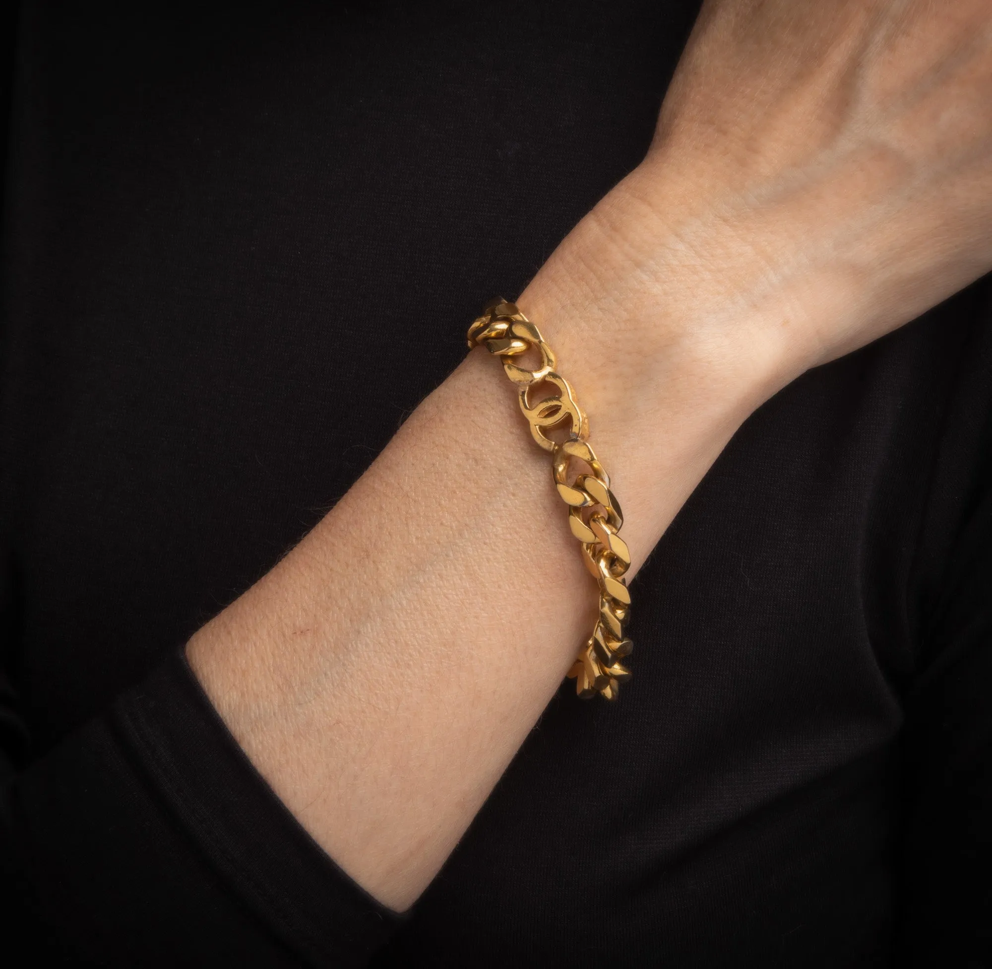 Vintage 80s Chanel Bracelet Curb Link CC Logo Yellow Gold Tone