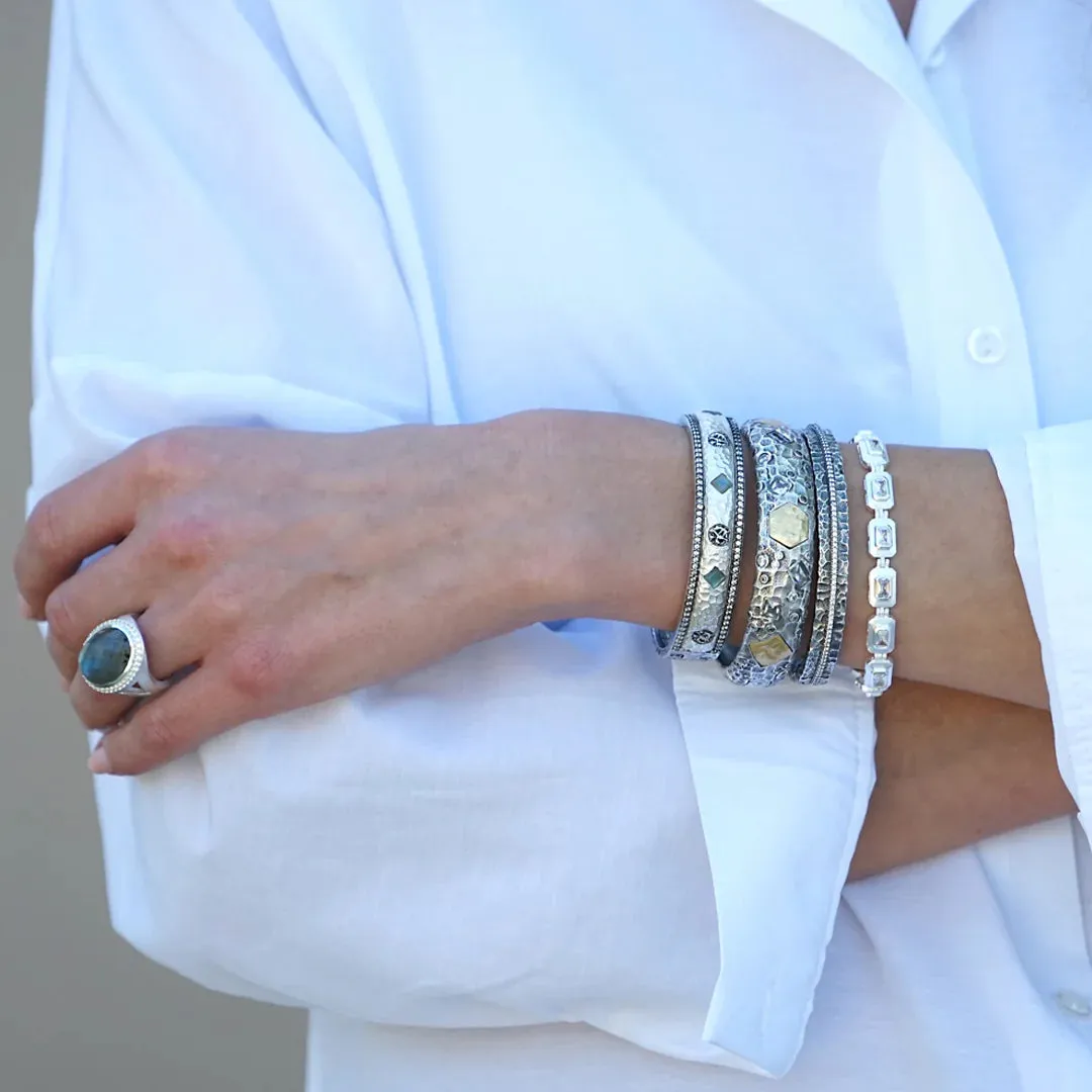VINTAGE SILVER & SATIN SILVER LABRADORITE MOTA COIN BANGLE