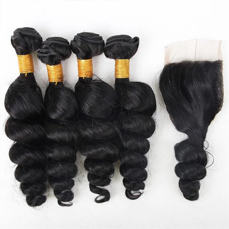 Wavymy Loose Wave Human Hair Weave 4 Bundles with 5x5 Lace Closure