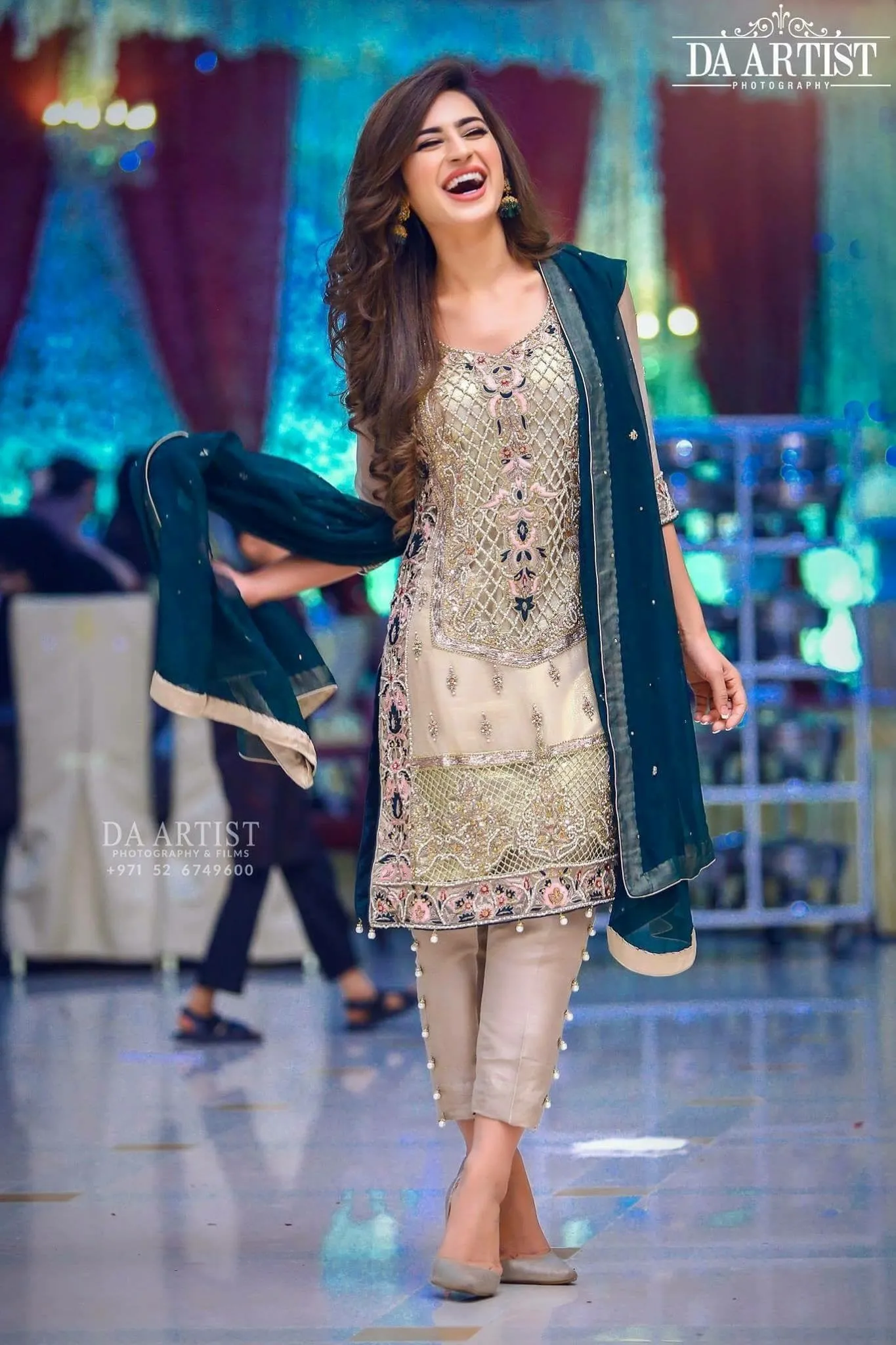 Wedding party dress in dark green and offwhite gray color Model#P 540