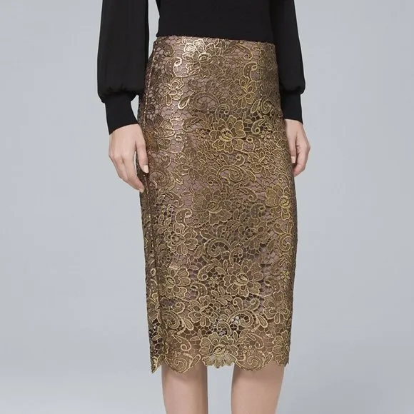 White House Black Market Metallic Gold Lace Pencil Skirt