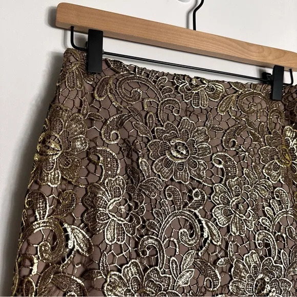 White House Black Market Metallic Gold Lace Pencil Skirt