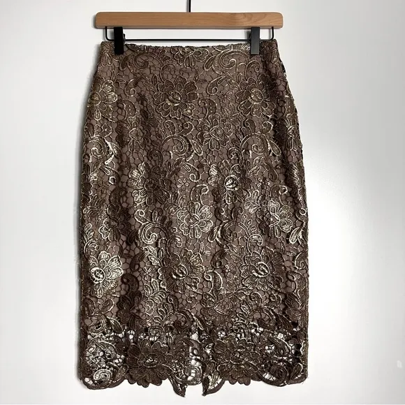 White House Black Market Metallic Gold Lace Pencil Skirt