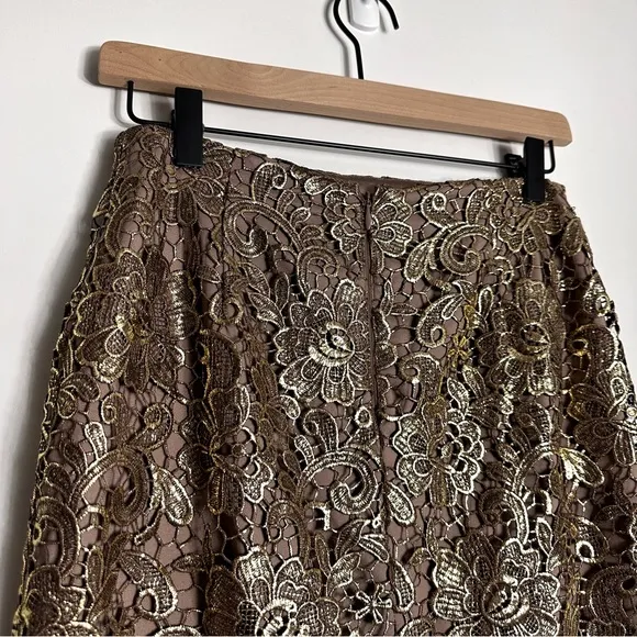 White House Black Market Metallic Gold Lace Pencil Skirt