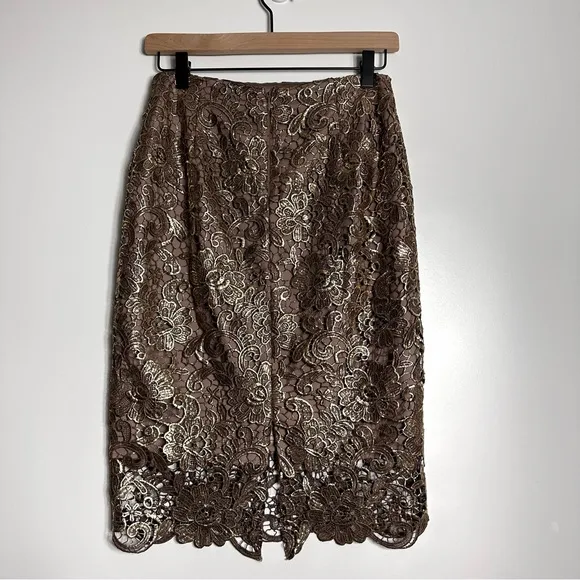 White House Black Market Metallic Gold Lace Pencil Skirt
