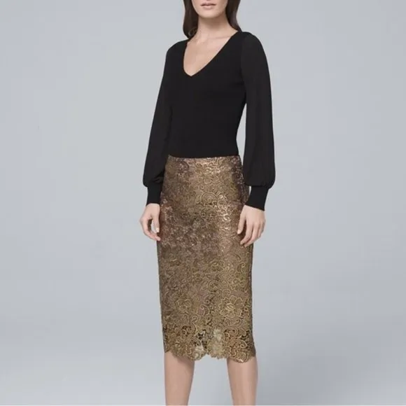 White House Black Market Metallic Gold Lace Pencil Skirt