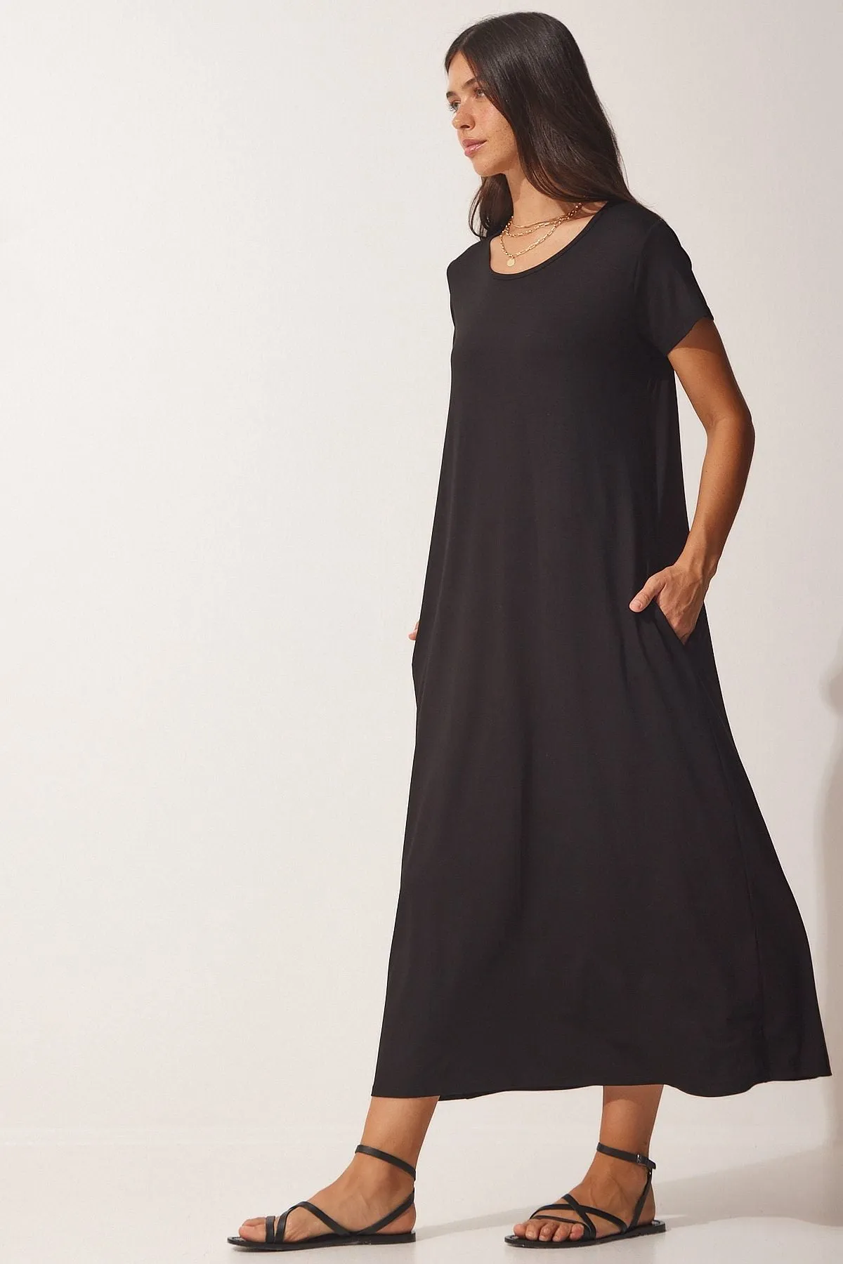 Woman Black Daily Pocket Knitted Combed Dress UB00128