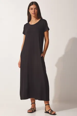 Woman Black Daily Pocket Knitted Combed Dress UB00128
