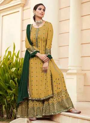 Yellow Embroidered Mirror Work Palazzo Style Suit