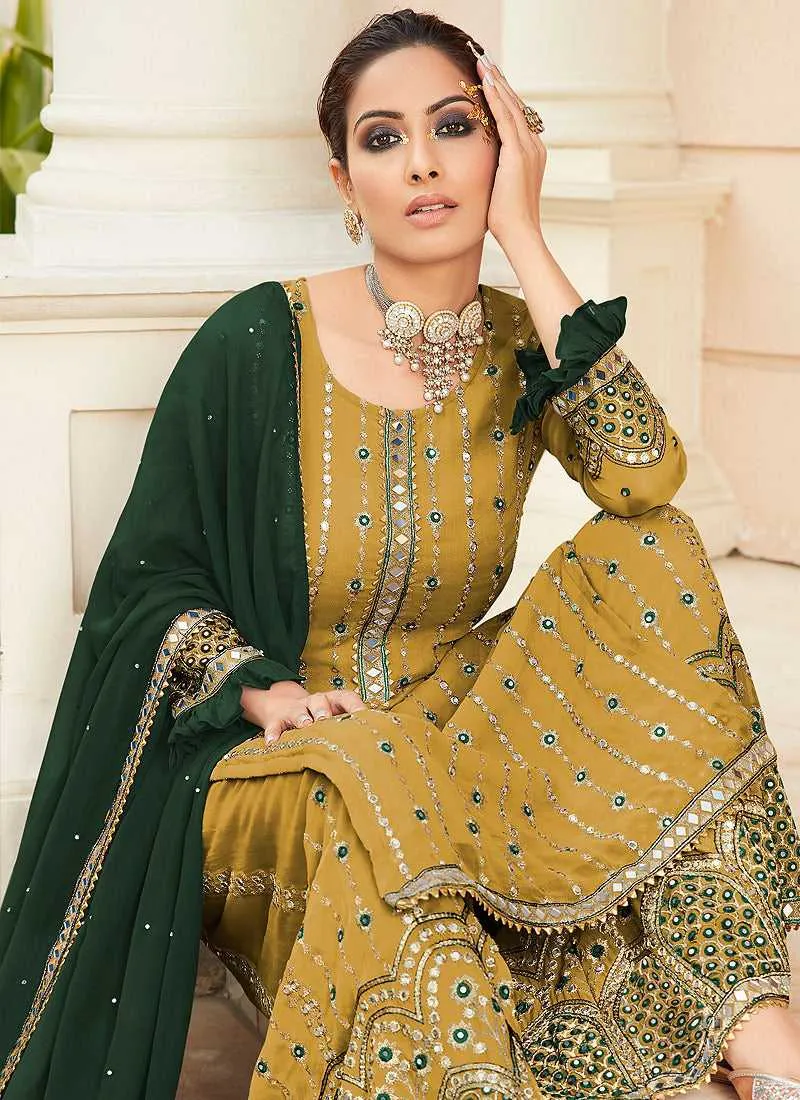 Yellow Embroidered Mirror Work Palazzo Style Suit