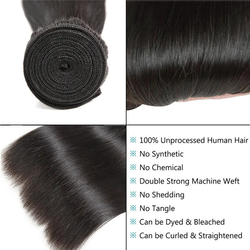 YZ Grace 10A Straight Thick& Soft Brazilian Human Hair Bundles with Closure Virgin Hair Natural Color