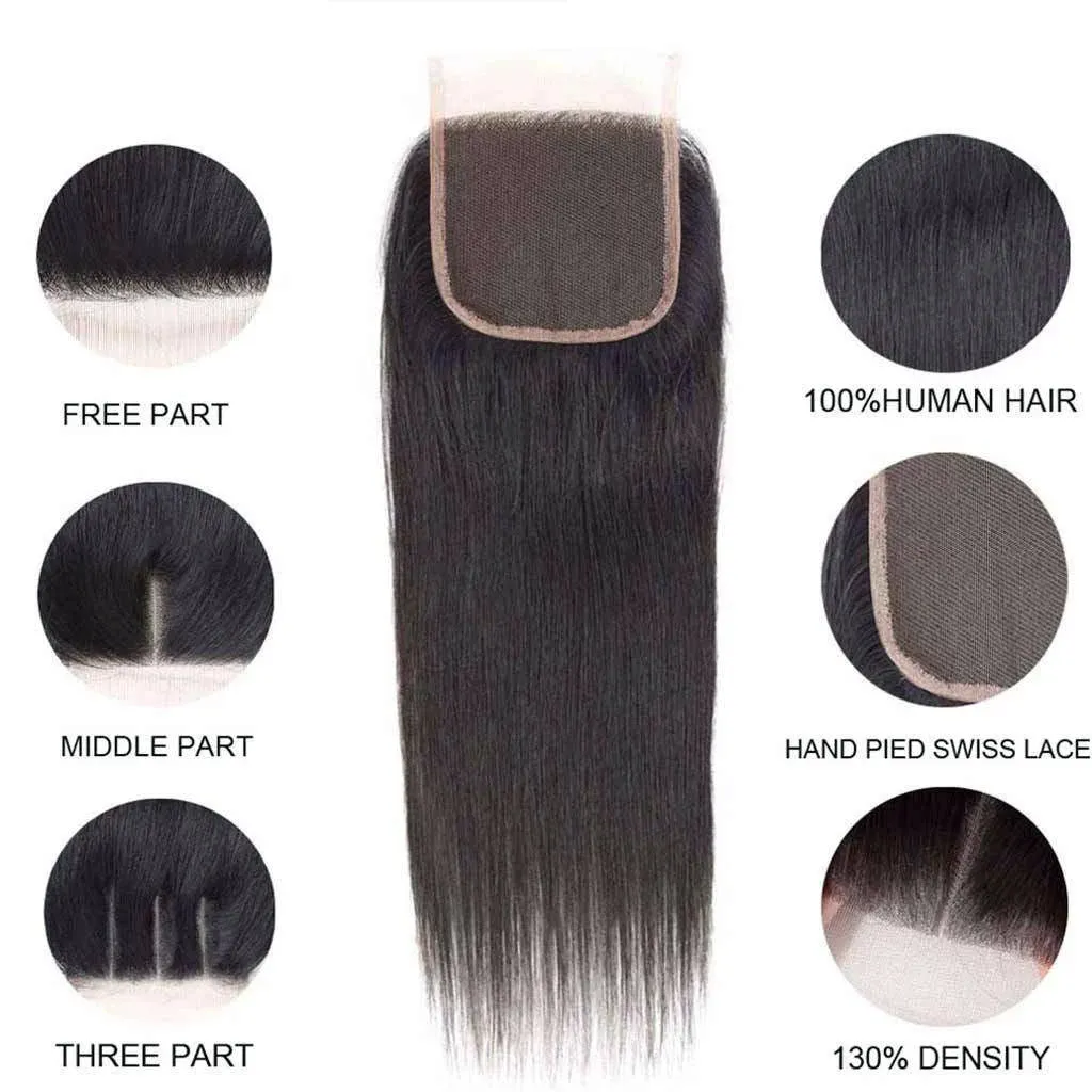 YZ Grace 10A Straight Thick& Soft Brazilian Human Hair Bundles with Closure Virgin Hair Natural Color